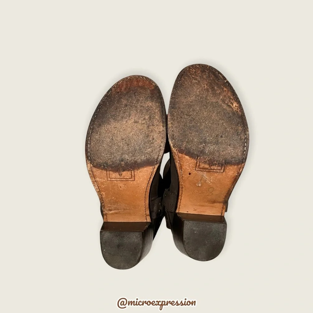 $379 Frye Carmen Harness Motorcycle Brown Leather Mid Calf Pull On Short Boot - Picture 11 of 13